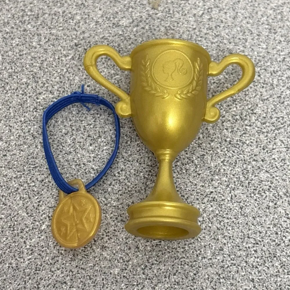 Mattel Barbie You Can Be Anything Soccer Coach Gold Game Trophy, 1 3/4”, & Medal